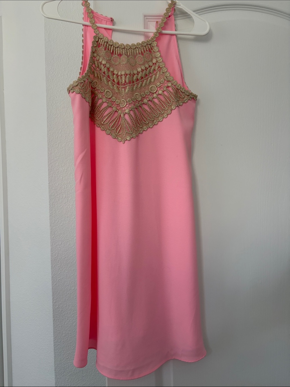 Lilly Pulitzer Pink Mini Dress with Gold Crochet Neckline